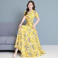 ❇✘☜ dress female 2023 summer new collect waist show thin long v-neck lace bowknot women