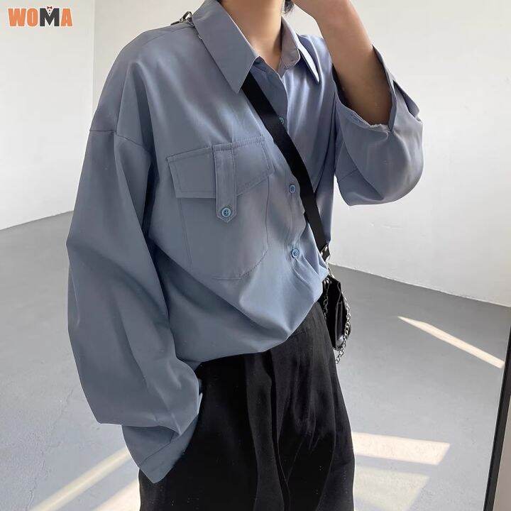 woma-เสื้อเชิ้ตแขนยาวบางทรงหลวมสำหรับผู้ชายเสื้อเชิ้ตสไตล์ฮ่องกงวินเทจสีฟ้าอ่อนสไตล์ฝรั่งเศสสำหรับฤดูใบไม้ร่วง