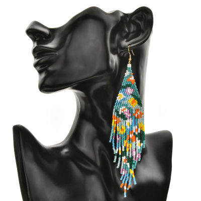 ZMZY Flower Retro Bohemian Dangle Hoop Earring Miyuki Bead Woven Long Geometric Tassel Earrings For Women Statement Jewelry