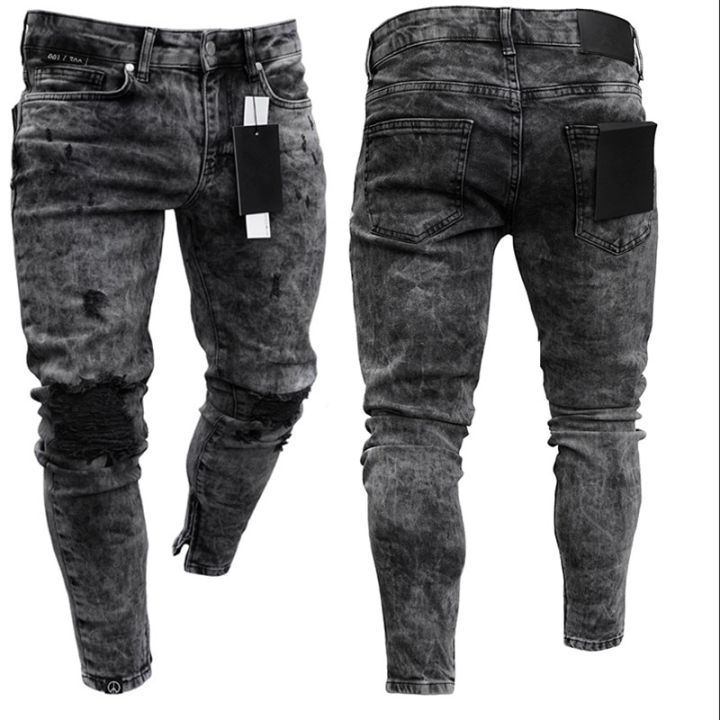 Black Jeans Men Solid Color Ripped Distresses Washed Stretch