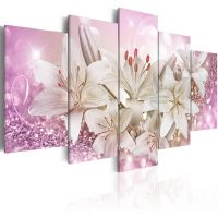 5ชิ้น Bright Floral Canvas Painting: Abstract Golden Pink Lily Posters, Modern Wall Art Picture For Living Room And Bedroom