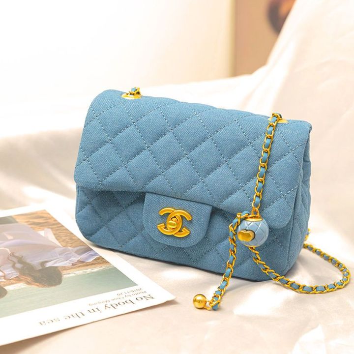 CHˉnew women's bag rhombus chain small golden ball denim small square bag  high-end all-match messenger 