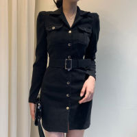 [EWQ] Spring 2022 Fashion Notched Single Breasted Multi Pocket Women New Lace Up Collect Waist Package Hip Mini Dresses 16R1233