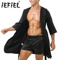 HOT★Mens ชุดนอนซาตินชุดนอนเสื้อเปิดด้านหน้า Hooded Night-Robe Belted Kimono ครึ่งแขนเสื้อคลุมอาบน้ำไม่มีกางเกงขาสั้นชุดนอน