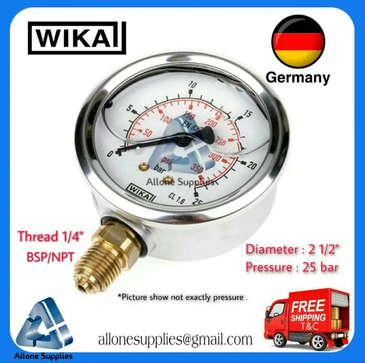 Wika 100 Original Pressure Gauge 25 Bar Diameter 2 12 Diameter 63mm 14 Bsp And Npt 8848