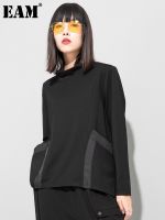 [EAM] Loose Fit Black Pocket Irregular Sweatshirt New Stand Collar Long Sleeve Women Big Size Fashion Spring Autumn 2023 1DE4263