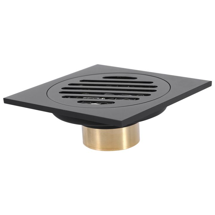 4-inch-square-shower-drain-with-removable-cover-grate-brass-anti-clogging-and-odor-point-floor-drain-assembly-with-hair-catcher-strainer-matte-black