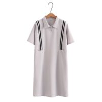 【มีไซส์ใหญ่】Plus Size Womens Turn Down Collar Black Pink Summer Dress Short Sleeve Striped Female Dresses with Big Pockets Fashion Vestidos