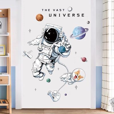 Hand-paint Cartoon Astronaut Outer Space Galaxy Planet Wall Stickers for Kids Room Baby Nursery Room Wall Decals Boy Stickers