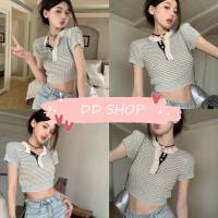 DD SHOPพร้อมส่ง 15016 เสื้อไหมพรมคอกลม แขนสั้น กระดุมหน้าแกะได้ -C