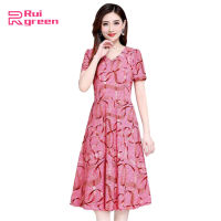 Rui green Women Dress V-Neck Slimming Printing Short-sleeve Over The Knee Long Dress