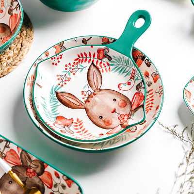 Cute Rabbit Pattern Bowl Heat-Resistant Nordic Style Ceramic Bakeware Plate Creative Dish Salad Pasta Dessert Bowl Set Handle