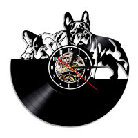 French Bulldog Vinyl Record Wall Clock with LED Change 3D Stickers Black Hollow Vinyl Record Clocks for Animal Dog Shop Decor