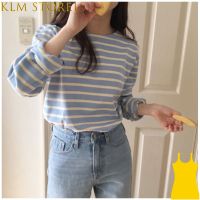 เสื้อยืดสตรีแขนยาว Store1 KLM เสื้อเสื้อลำลองคอกลมเสื้อทูนิกทรงหลวมลายทางสง่างาม