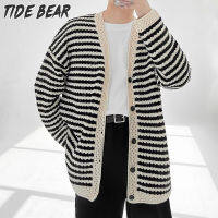 TIDE BEAR เสื้อคาร์ดิแกนถักลายทางของผู้ชาย,เสื้อคาร์ดิแกนกันหนาวแขนยาวลมเบาๆ