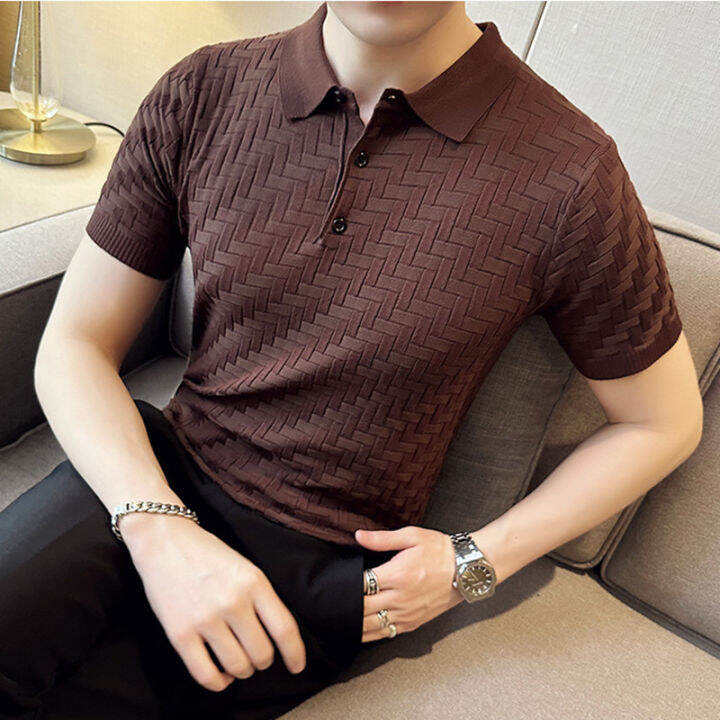 ผู้ชายฤดูร้อนลำลองแขนสั้นที่มีคุณภาพสูงถักเสื้อโปโลชายสลิมฟิตผ้าไหมน้ำแข็งลายสก๊อตที่เดินทางมาพักผ่อนเสื้อโปโลท็อปส์-s-3xl