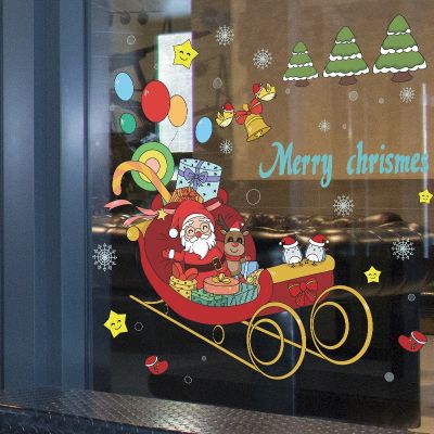 Merry Christmas 2023 Decorations Cristmas Tree Santa And Reindeer Riding Sleigh Delivering Gifts Wall Sticker Glass Window Mural