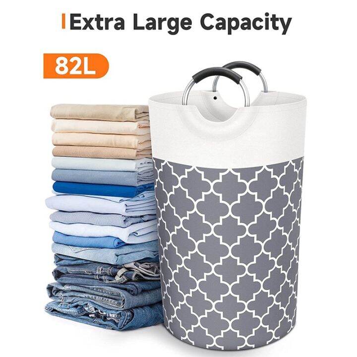 laundry-basket-laundry-hamper-bag-washing-bin-clothes-bag-collapsible-tall-with-handles-waterproof-2pcs-82l-gray