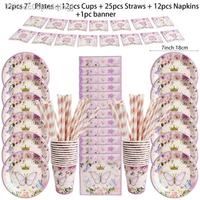 ﹍∈ Pink Butterfly Birthday Disposable Tableware Butterfly Napkins Plates Cups for Kids Birthday Party Decorations Baby Shower Decor