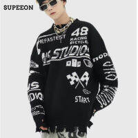 SUPEEON丨เสื้อสเวตเตอร์สีดำวินเทจของผู้ชายดีไซน์หลวม Atasan Bahan Rajut เฉพาะ