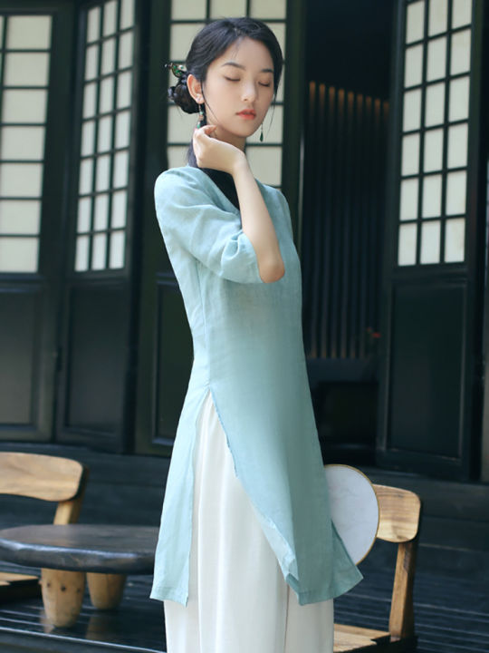เสื้อชุดกี่เพ้าลินินผ้าไหมและสไตล์จีนสำหรับผู้หญิงเสื้อผ้าสไตล์หนุ่มสาวจีนเซนกลางยาว22083