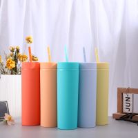 2021ฤดูร้อน450Ml Reusable Double Wall Matte Finish Reusable Skinny 450Ml 16Oz แก้วพลาสติก Double Wall Tumbler พร้อมฟาง