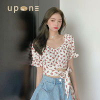 พร้อมส่ง ร้านในไทยเสื้อครอปเเฟชั่นลายดอกไม้ เสื้อยืดเอวลอย คอเว้า เสื้อแขนสั้นเอวผูกโบว์