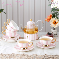 Violet Flamingo ชุดน้ำชารุ่น Dreamy Tea Set เซ็ตกาน้ำชา พร้อมเตาอุ่นและแก้วจานรอง 4 ชุด สไตล์ Retro สีขาวชมพู