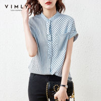 VIMLY ใหม่ฤดูร้อนปุ่มขึ้นเสื้อสุภาพสตรีที่สง่างาม Dot แต่งงานยืนปกวินเทจเสื้อแขนสั้นท็อปส์หญิง B Lusas F7389