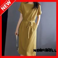 NEW MALL Round Neck Solid Color Dress MotherS Wear Loose Large Size Slim Mid-Length Skirt Belted Waist