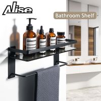 ♟❧✉ Bathroom Shelf with SUS304 Stainless Steel Towel Rail Tempered Black Glass Shelf Wall Mounted Matte Black Shower Storage