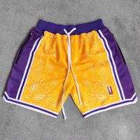 Trillest Masmig NBA Mens Yellow Cashew Flower Double Mesh Knee Above Shorts Los Angeles Lakers LeBron James Same Style Basketball Training Gym Shorts Beach Shorts