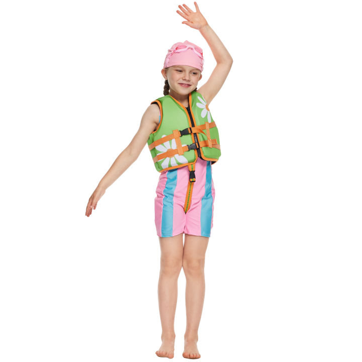 เสื้อชูชีพเด็กพิมพ์ลายดอกไม้สีเขียวเด็กผู้หญิงฤดูร้อนน่ารักเสื้อว่ายน้ำเพื่อความปลอดภัย