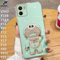 เคสโทรศัพท์โดราเอม่อน JieFie สำหรับ VIVO Y15S / Y15A / Y16 / Y01 / Y12 / Y15 / Y17 / Y19 / Y91C / Y85 / Y91 / Y93/Y95การ์ตูนตัวยึดตุ๊กตาน่ารักชุบโครเมียมฝาครอบโทรศัพท์เนื้อนิ่ม TPU + ขาตั้ง