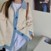 College Style Milky White Soft Waxy Jacket Womens Winter Polo Collar Contrast Stitched Plush Jacket