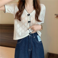 Knitted Blouse Women Short Sleeve White Top Korean Style Summer Fashion V Neck Shirt New