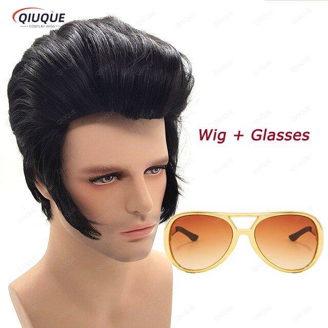 New! Mens Rock Singers Elvis Aron Presley Cosplay Wig Elvis Presley Black Heat Resistant Synthetic Hair Party Wig + Wig Cap