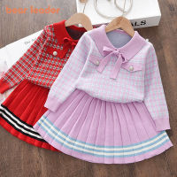 Bear Leader Kids Girl Knitted Winter Suit Skirt Fashion Check Stripe College Style Ruffles Cute Vestidos Children Clothes