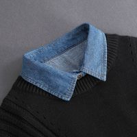 Unisex Autumn Washed Denim Cotton False Fake Collar Button Down Detachable Lapel Half Shirt Blouse Sweater Clothing Decor