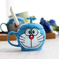 350ml Doraemon Coffee Mug with Lid and Spoon Simple Cartoon Doraemon Ceramic Tea Milk Cup Breakfast Children Birthday Gift Cup