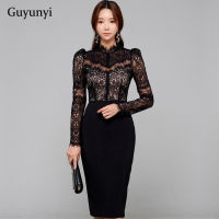 Elegant PARTY Dress 2022ฤดูใบไม้ผลิสีขาวสีดำสูงเอวเย็บแน่นเซ็กซี่ลูกไม้คอยาวแขน Office Lady dres S