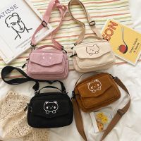 【Lanse store】Women Canvas Zipper Bag Cartoon Preppy Bear Student Tote Shoulder Messenger Small Corduroy Satchel Travel Purse Handbag