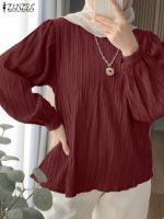 ZANZEA Eid Mubarek Fashion Muslim Blouse Woman Long Sleeve O-Neck Solid Tops Autumn Elegant Pleated Chemise Casual Dubai Shirt