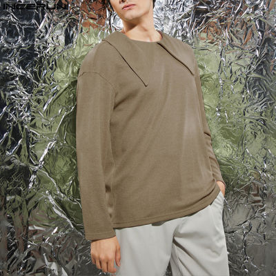 INCERUN เสื้อยืดคอปกแขนยาวสำหรับผู้ชายเสื้อเบลาส์สีพื้นลำลองเสื้อยืดสวมหัวทรงหลวม (สไตล์เกาหลี)