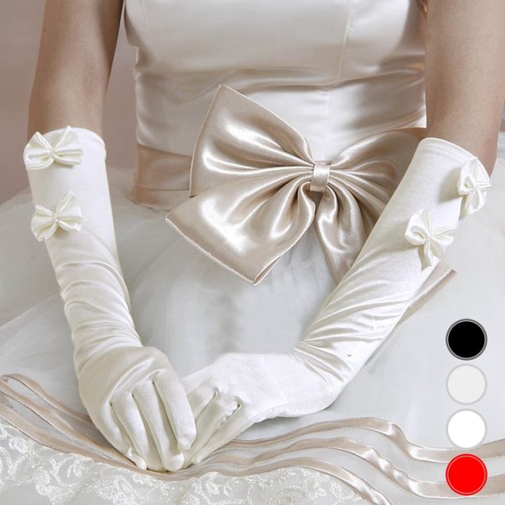 bridal-gloves-finger-double-bow-beaded-mid-length-satin-satin-wedding-dress-red-white-beige-black-sleeves-wedding-gloves