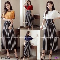 TW3498 Set 2 ชิ้น เสื้อกุ้นขอบ ผ่าแขน กับกางเกงลายริ้วเอวสูงผูกโบว์