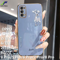 JieFie Elk Deer Diamond เคสโทรศัพท์สำหรับ OPPO Reno 2F / 4F / 5F / 6Z / 7Z / 8Z / 8T / Reno 2 / 3 / 4 / 4 Pro / 5 / 5 Pro / 6 / 6 Pro / 7 / 7 Pro / 8 / 8 Pro / 9 / 9 Pro แฟชั่นชุบโครเมี่ยม TPU สแควร์ปลอกปกหลัง