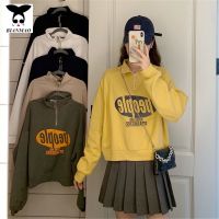 COD Cotton short zipper sweater womens autumn new loose Korean student fashion letter printing long-sleeved shirt ins