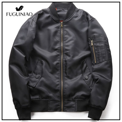 Fuguiniao เสื้อบอมเบอร์แจ็คเก็ตผู้ชายเสื้อเสื้อโค้ตย้อนยุคคู่-ด้านที่ใส่เสื้อเบสบอลชุดสูทเสื้อผ้า L-3XL (สีดำ)