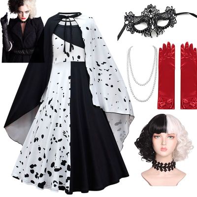 Disney Halloween Children Cruella Dresses Kids Clothes Girls Cosplay Costume Black White Long Dress with Cape For Carnival Party